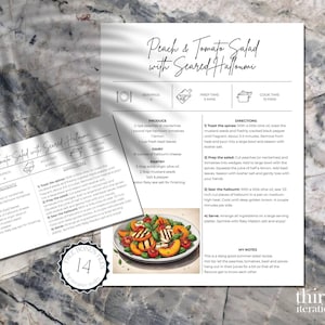 May include: A printable recipe card for a Peach & Tomato Salad with Seared Halloumi. The recipe card includes a list of ingredients, directions, and a serving suggestion. The card also includes a photo of the finished salad.