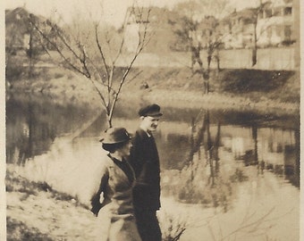 Found Photo People Walking Along the River Original Vernacular Snapshot