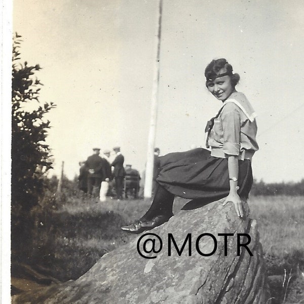 Found Photo Young College Woman on Rock Fashion  Original Snapshot