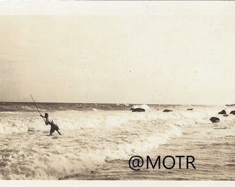 Found Photo Surf Fishing At Sunset Original Vintage Snapshot