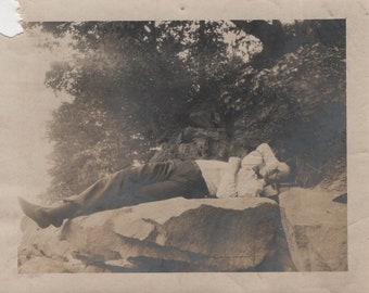 Found Photo "Horizontal on the Rocks" Original Vintage Snapshot