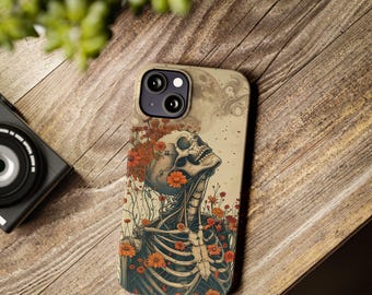 Einzigartige Floral Skeleton Handyhülle zu Halloween mit leuchtend orange Blumen