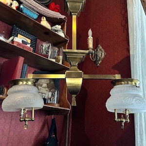 Antique 1800s Gas Copper Light Fixture with Original Frosted Glass Shades