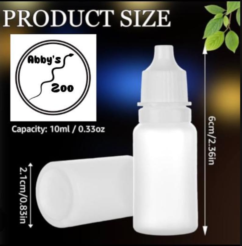 May include: A white plastic dropper bottle with a capacity of 10ml or 0.33oz. The bottle stands 6cm or 2.36 inches tall and has a diameter of 2.1cm or 0.83 inches. A logo with the text Abby's 200 and a snake graphic is visible in the corner.