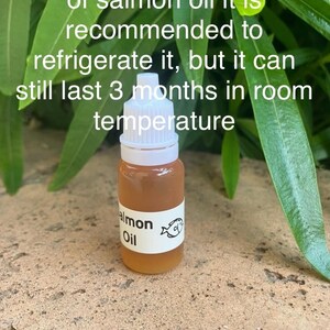 May include: A small, clear plastic dropper bottle filled with amber-colored salmon oil, featuring a white label with the text 'Salmon Oil' and a fish icon. The text on the image reads: 'To prolong the freshness of salmon oil it is recommended to refrigerate it, but it can still last 3 months in room temperature.'
