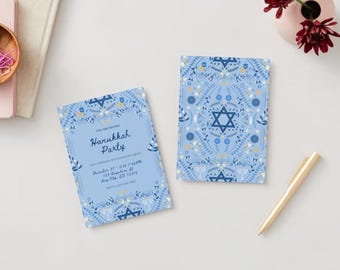 Festival Of Lights Blue, White and Gold Hanukkah Party Invitation - Editable Digital Template