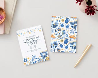 Blue, White and Gold Hanukkah Party Invitation - Editable Digital Template
