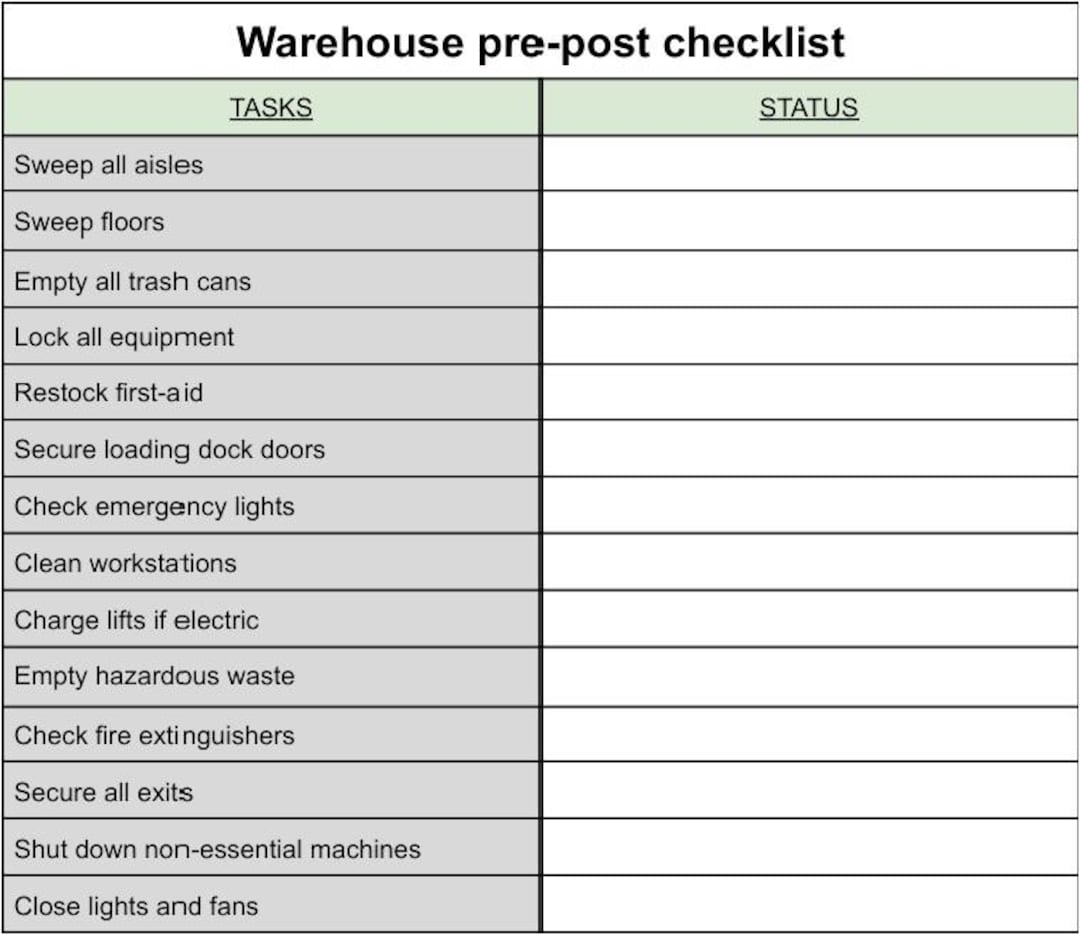 Store Warehouse Checklist.pdf Industrial Warehouse Checklist PDF – Pre & Post Shift Organization - Etsy