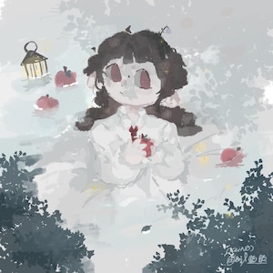 May include: A digital painting of a young person with dark hair, wearing a white shirt and holding a red apple. The background is a soft, hazy blue with a few floating apples and a small lantern.