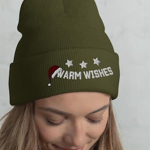 Warm Wishes Embroidered Beanie, Cozy Winter Hat, Festive Cuffed Beanie, Christmas Gift, Holiday Stocking Stuffer, Warm Winter Accessory