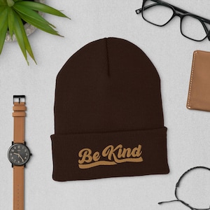 Embroidered &#39;Be Kind&#39; Beanie: Unisex Turbo Acrylic Knit Hat