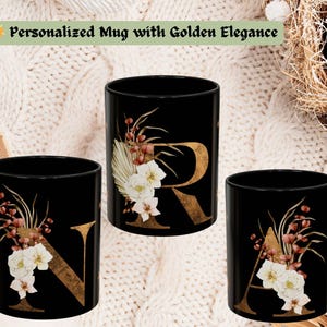 Taza de café con monograma personalizado Taza con inicial personalizada con letra floral dorada / Taza de café con letra personalizada / Regalo elegante con monograma para ella