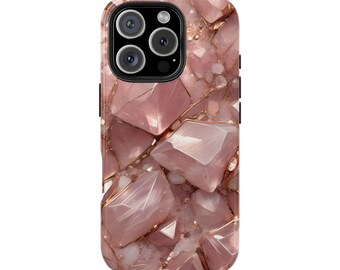 May include: A pink and gold iPhone case with a rose quartz crystal design.
