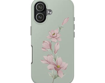 Robuste Handyhülle mit Pink Magnolien Blumenmuster: Elegantes salbeigrünes Design