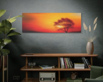 Sunset Tree Art Print: Orange, Red, and Blue Landscape