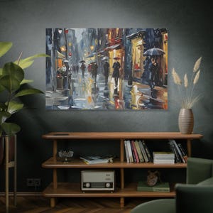 Rainy City Street Canvas Art: Romantic Urban Night Scene