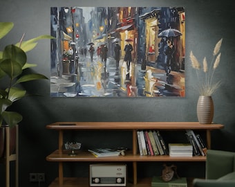 Rainy City Street Canvas Art: Romantic Urban Night Scene
