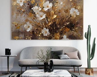 White Floral Gold Abstract Painting: Textured Modern Wall Art