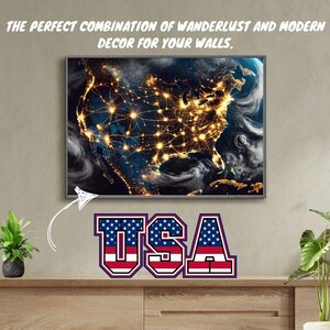 Nächtliche Luftaufnahme der USA Wandkunst | City Lights Karte | Digital Download oder Premium Druck | Modernes Haus und Büro Dekor USA Büro Dekor