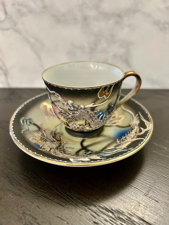 Vintage 1950s Japanese Moriage DRAGONWARE Demitasse Teacup and Saucer Handpainted
