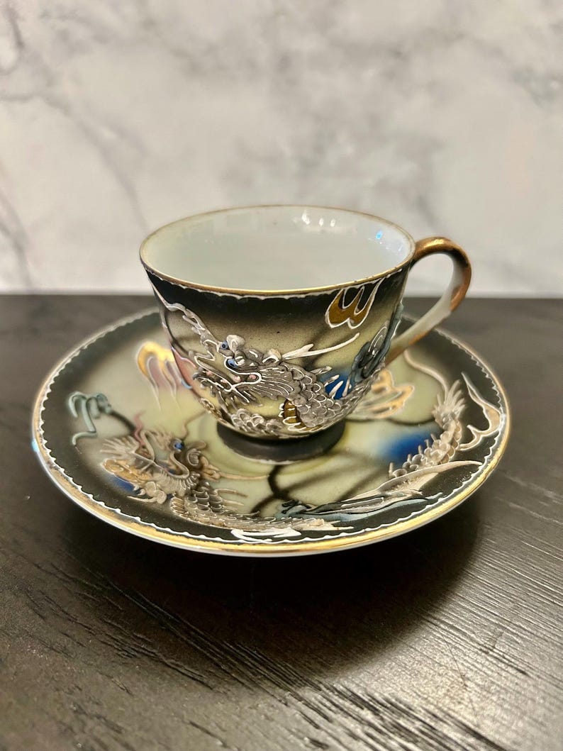 Vintage 1950s Japanese Moriage DRAGONWARE Demitasse Teacup and Saucer Handpainted image 1