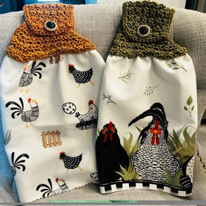 Chicken Hen Rooster| Crochet top kitchen towel | Farm Life Chicken Drawings Jewel button | Home Decor Gift