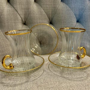 Vintage Turkish Tea Set Glass & Saucer - gold rim and handles set of 2