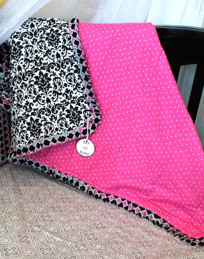 Baby Blanket Hot Pink Black and White With Ruffle