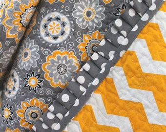 Baby Quilt Yellow Grey White Boy or Girl Quilt Baby Shower Gift Chevron Quilt