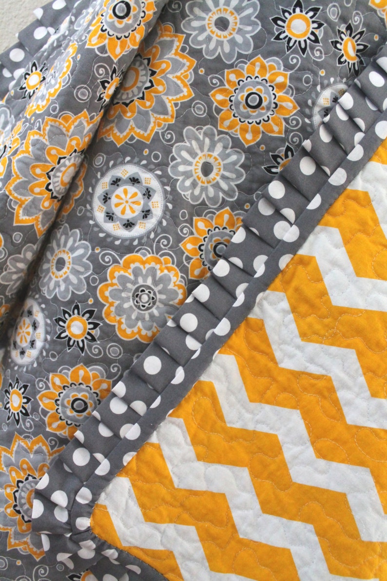 Baby Quilt Yellow Grey White Boy or Girl Quilt Baby Shower Gift Chevron