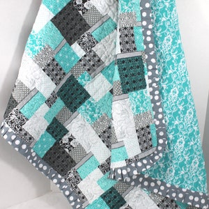 Baby Shower Gift, Baby Quilt, Gender Neutral, Girl or Boy Quilt, Turquoise Black Gray White Quilt, Patchwork Quilt, Cotton Quilted Blanket