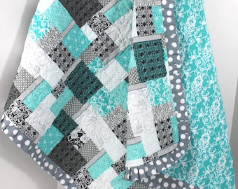 Baby Shower Gift, Baby Quilt, Gender Neutral, Girl or Boy Quilt, Turquoise Black Gray White Quilt, Patchwork Quilt, Cotton Quilted Blanket