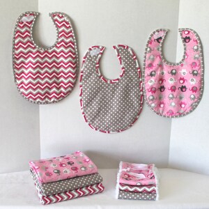 Baby Girl 9 Piece Gift Set Receiving Pink and Grey Gray Elephants Blankets Bibs and Burp Cloths Lightweight Flannel