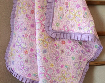 Pink and Purple Butterfly Baby Quilt with Matching Ruffle Baby Girl Quilt Baby Shower Gift