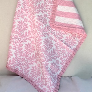 Baby Girl Quilt Small Pink and White Damask Pattern Shower Gift Ruffle