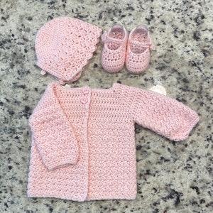 Baby crochet cardigan, bonnet, and/or booties