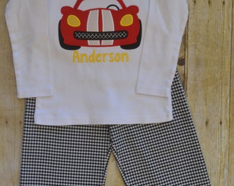 Gingham shorts or pants and appliqué shirt of your choice.