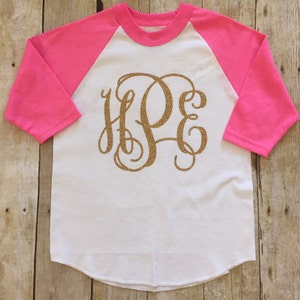 Monogrammed 3/4 sleeve baseball shirt.