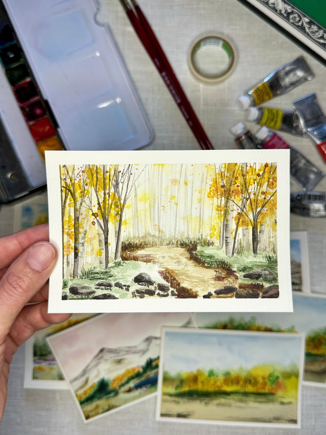 Autumn Watercolor Landscape Painting Original Watercolor Small
