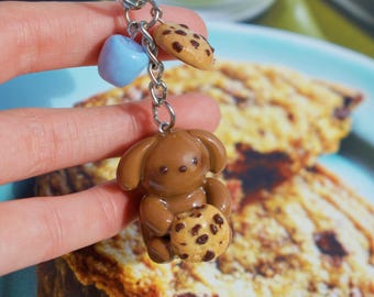 Chip the Pup Keychain || handmade polymer clay trinket, bag charm, miniature food, puppy with cookie