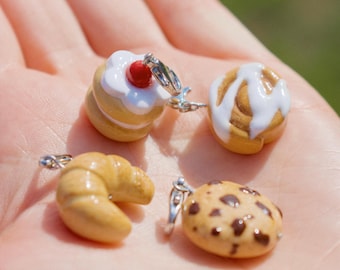 Mini Bread & Dessert Charms || polymer clay accessories, croissant, strawberry cake, cookie