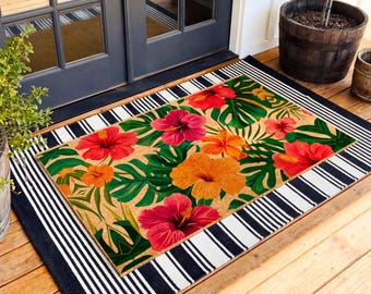 Tropical Floral Doormat, Beach House Gift, Hawaiian Welcome Mat, Hibiscus Aloha Door Mat
