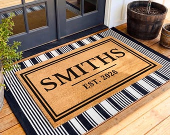 Personalized Coir Doormat, Modern Last Name Welcome Mat, Housewarming Gift