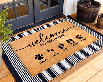 Custom Family Welcome Mat, New Home Gift, Personalized Doormat with Kids Pets Names