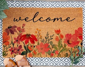 Wildflower Welcome Doormat, Floral Front Door Mat, Spring Porch Decor
