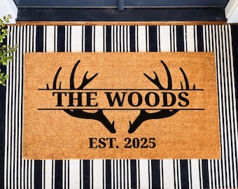 Custom Deer Antler Doormat, Personalized Name Door Mat, Cabin Welcome Mat