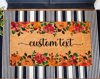 Personalized Floral Doormat, Custom Text Welcome Mat, Spring Housewarming Gift