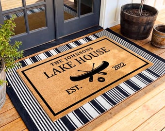 Personalized Lake House Doormat, Cabin Warming Gift, Custom Family Name Lake Life Welcome Mat