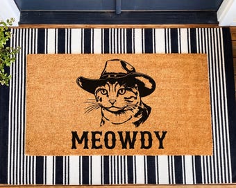 Meowdy Doormat, Funny Cowboy Cat Welcome Mat, Front Door Mat