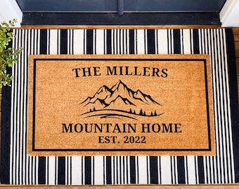Personalized Mountain Home Doormat, Cabin Warming Gift, Custom Family Name Mountain House Mat